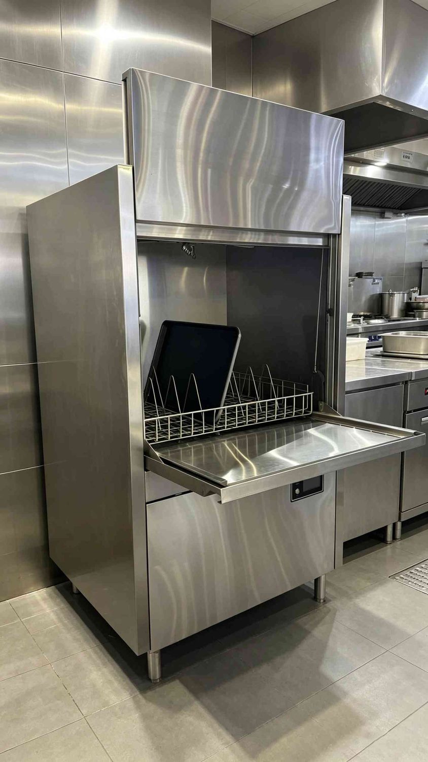 POTWASHER CE-UWL with the split door open and the fold-down work platform extended